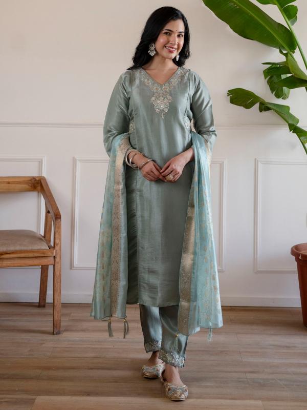VP 9907 G Women’s Glass Roman Silk Straight Kurta Pent Dupatta Sets  | 3pcs Ethnic Set